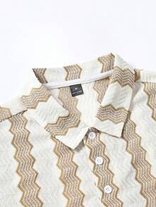 Manfinity Homme 男士休闲撞色条纹短袖Polo衫，夏季 - 棕色 - 查看 4