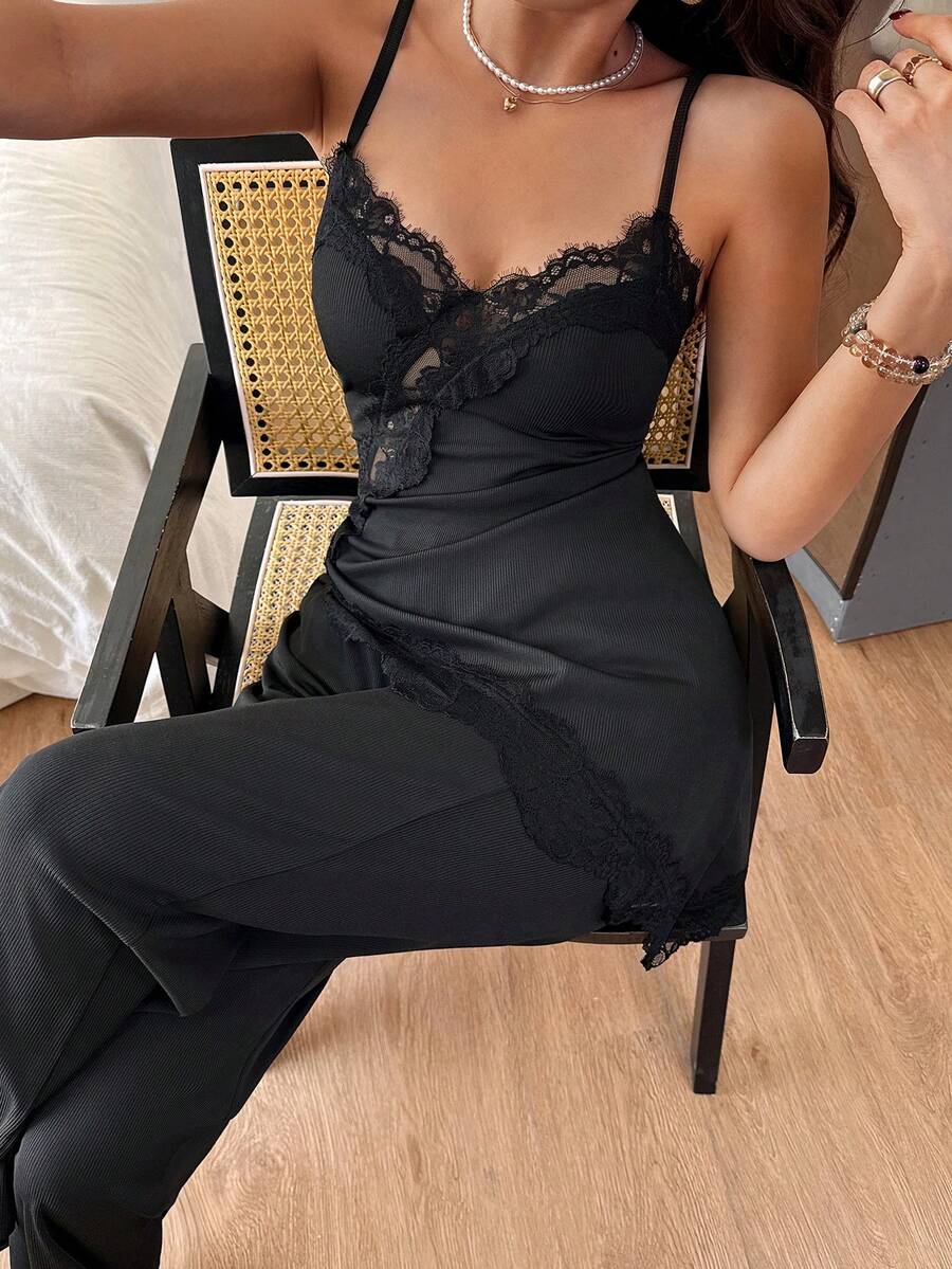 SHEIN Asymmetrical Hem Lace Sheer Patchwork Camisole & Pants Women Pajama Set - Black - View 1