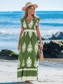 Sylviya 褶皱荷叶边饰盖袖收腰荷叶边下摆 A 字形连衣裙，女士休闲度假装