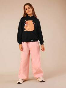 SUMWON Cute Capybara Bubble Tea Hoodie Black Long Sleeve Pullover Sweatshirt Character Print Design For Casual And Vacation - Black - View 3