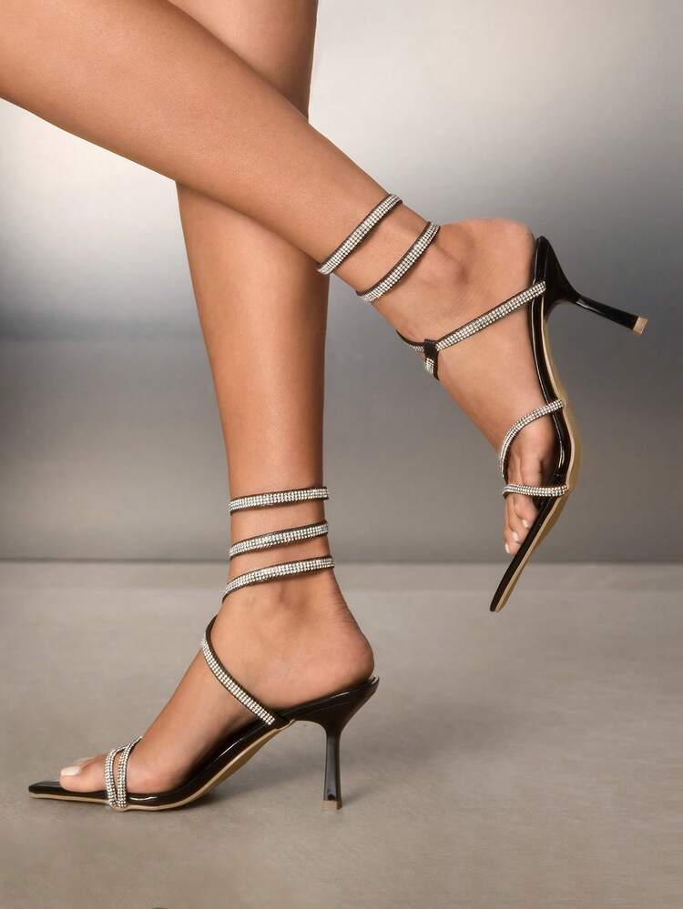 CUCCOO SZL Women's Pointed Toe Rhinestone Decor Lace-Up High Heel Sandals, Fashionable For Daily Wear Prom Heels