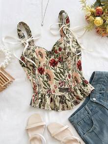 Soleia Elegant Jacquard Tie-Up Ruffle Trim Camisole Top, Summer - Multicolor - View 1