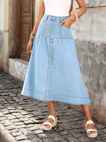 EMERY ROSE Women's Casual Commuter Single-Breasted Pocket Denim Skirt