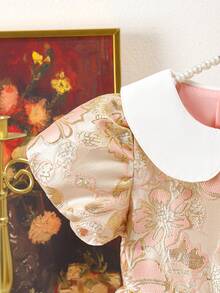 SHEIN 女童碎花束腰泡泡袖连衣裙，优雅派对礼服，泡泡袖设计，适合所有季节 - 粉色 - 查看 5