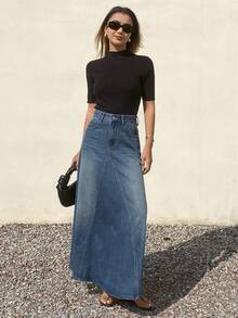 DAZY 女士常规腰围宽松A字长款休闲牛仔裙 - 中等水洗藍 - 查看 6