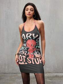 HOT STUFF X SHEIN Đầm ngắn cổ yếm thời trang mùa hè dành cho nữ với họa tiết chữ cái và hoạt hình. - Màu xám đen - Xem 4