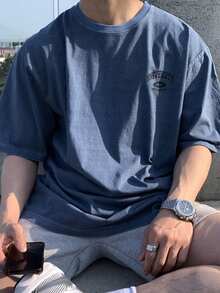 DAZY Men's Letter Print Crew Neck T-Shirt, Navy Blue, Summer - Blue - View 6