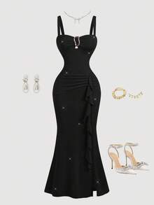 SHEIN MOD Đầm slip màu trơn, màu trơn, có khóa kim loại phía trước, eo nhún, xẻ tà, dáng đuôi cá. - màu đen - Xem 3