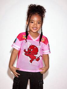 SHEIN HOT STUFF Young Girl Casual Cartoon Pattern Mesh Breathable Short Sleeve T-Shirt, Summer - Pink - View 2