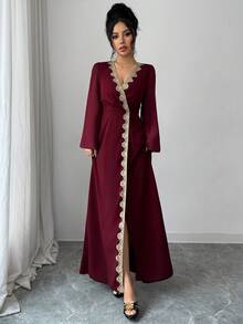 Elenzga Vestido romántico de línea A con cuello en V y cintura recogida, color borgoña