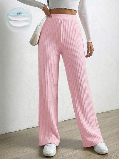 SHEIN EZwear Women's Casual Everyday Commute Simple Solid Color Ribbed Knit Loose Straight Leg Pants, Suitable For Valentine's Day Date Knit Pants Pink Pants For Women
