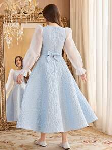 Robe capuchon élégante et luxueuse pour adolescente, printemps/été, avec ceinture ornée de strass, ourlet à volants. Convient pour les mariages, les fêtes, les vacances. Robe bicolore bleu et blanc - Bleu azur - Voir 2