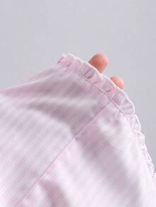 Sweetra Women's New Stylish Pink Striped Puff Sleeve Frill Trim Fitted Blouse, Spring/Summer, Suitable For Dates And Casual Outings - Baby Pink - View 7