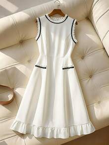 GlowEve CURVE 大码无袖撞色荷叶边A字连衣裙，夏季女装无袖连衣裙，荷叶边连衣裙 - 白色 - 查看 1