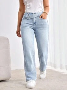 Flexra Plus Size Women Casual Straight Leg Jeans - Light Wash - View 5