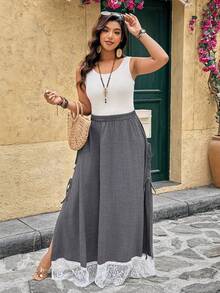 Breezaya Plus Size Women Minimalist Woven Gray Patchwork White Lace Skirt With Tie Waist - Grey - View 5