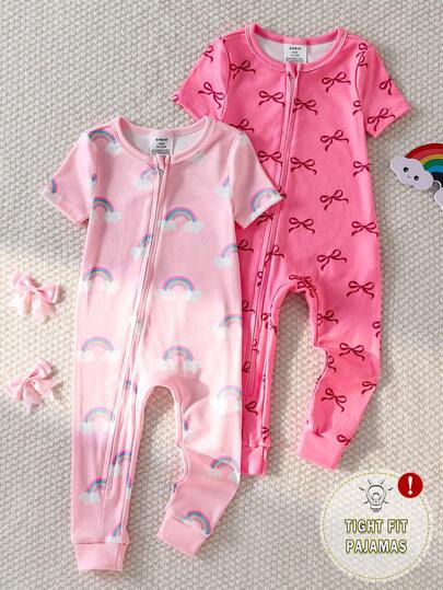2 piezas Pijamas ajustados para bebés niñas, diseño de lazo arcoíris elegante y dulce, conjunto de mono de manga corta cómodo, mono informal con cremallera para bebés niñas