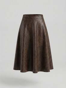 SHEIN Clasi 女士棕色纯色A字优雅日常通勤半身裙，秋冬款 - 棕色 - 查看 2