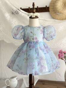 SHEIN 女婴雪纺碎花圆领泡泡袖休闲连衣裙 - 彩色 - 查看 6