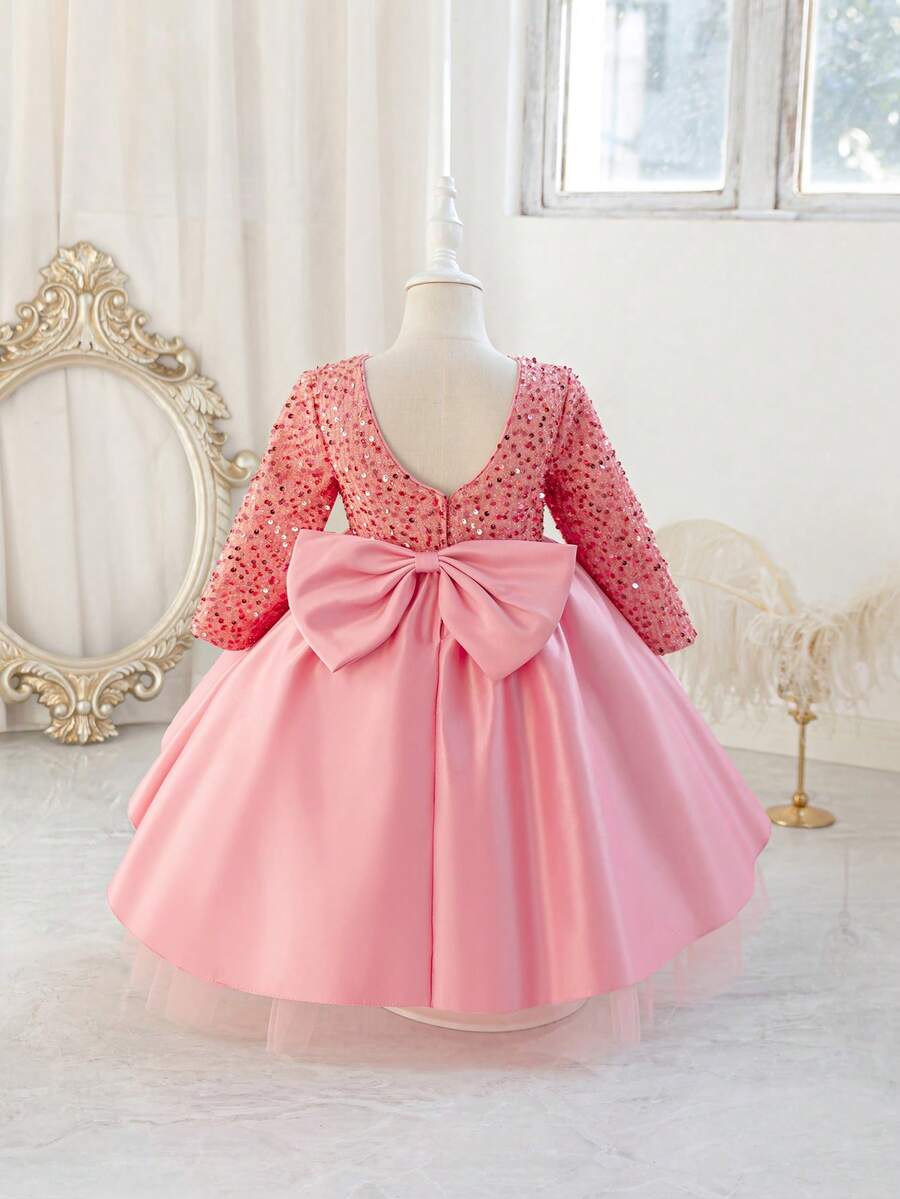 Glamorique Kids 女童红色亮片薄纱蓬蓬裙，缎面后背蝴蝶结拖地派对礼服，优雅儿童圣诞节/万圣节服装，正式场合服装 - 粉色 - 查看 1