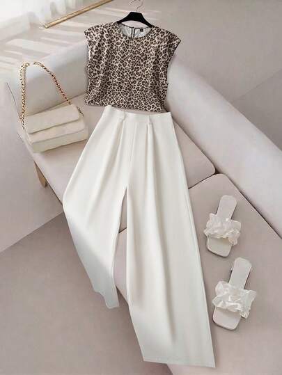 GlowEve CURVE Plus Size Women Leopard Print Sleeveless Loose Top And Pleated Wide Leg Pants 2 Piece Set, Casual Commuting Outfit For Spring, Summer, Autumn