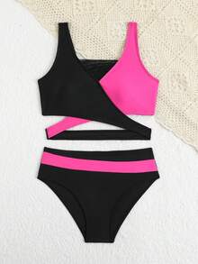 SHEIN 2件套少女撞色吊带背心，弹力速干舒适针织面料，适合沙滩、泳池、海边、冲浪、度假、夏季、旅行等场合，14岁女孩黑色两件式泳衣，长款上衣，青少年撞色泳衣，连体运动泳装（含泳裤）。 - 黑色 - 查看 5