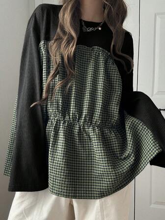 FRIFUL Women's Casual Plaid Patchwork Long Sleeve T-Shirt, Autumn