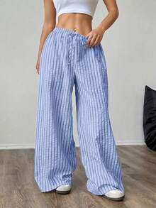 SHEIN PETITE CURVE Plus Size Striped Print Knotted Casual Loose Pants Fall - Baby Blue - View 6