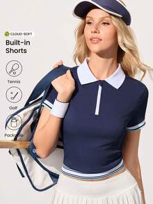 CourtClass Women's Collared Zip-Up Half Placket Casual Versatile Daily Outdoor Sports Tennis Top - Navy Blue - View 1