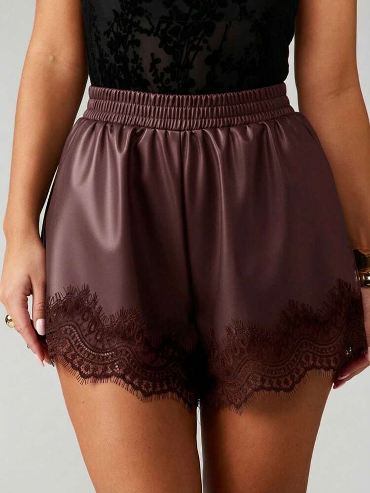 MISSGUIDED Women's Faux Leather Lace Trim High Waisted Floaty Shorts With Elastic Waistband For Spring Summer