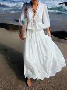 Livesso 春夏提花荷叶边系带露脐上衣和镂空半裙两件套，休闲海滩度假风女装 - 白色 - 查看 7