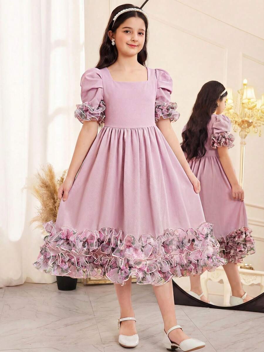 Vestido de satén tejido con cuello cuadrado, mangas gigot, volantes en el bajo y adornos de perlas, elegante para niña preadolescente, adecuado para bodas, fiestas, cumpleaños, reuniones, primavera/verano - Rosa - Ver 1