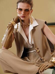 Arave Women's V-Neck Wide Shoulder H-Line Vest With Metal Buckle Pockets High Waist Straight Leg Pants Suit, Suitable For Daily Commute - Khaki - View 2