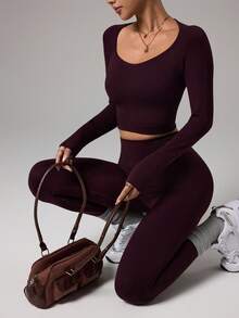 Dewbera Women's Seamless Fitted High Waist Slimming Sports Long Sleeve Top And Pants Set - Coffee Brown - View 1