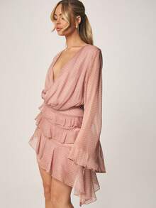 MISSGUIDED Polka Dot Wrap Mini Dress With Bell Sleeves And Ruffle Asymmetric Hem Chiffon - Pink - View 1
