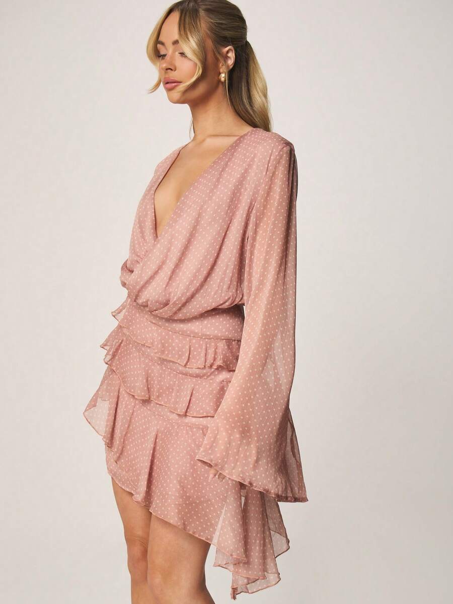 MISSGUIDED Polka Dot Wrap Mini Dress With Bell Sleeves And Ruffle Asymmetric Hem Chiffon - Pink - View 1