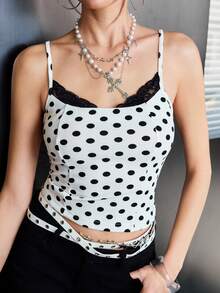 Rina Fox 2026 Women's Lace Patchwork Polka Dot Cami Top - White - View 6