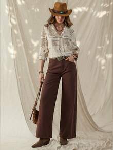 Wildy Áo kiểu nữ phong cách BOHO miền Tây nước Mỹ cổ điển in hoa, kiểu dáng cơ bản mặc hàng ngày, đi làm, tay lỡ 3/4, thích hợp mặc thường ngày mùa xuân/hè hoặc đi nghỉ mát. - Màu be - Xem 4