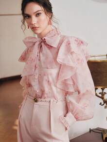 Anewsta 新款女士长袖粉色玫瑰褶皱优雅精致奢华蝴蝶结衬衫，春夏上衣 - 粉色 - 查看 3