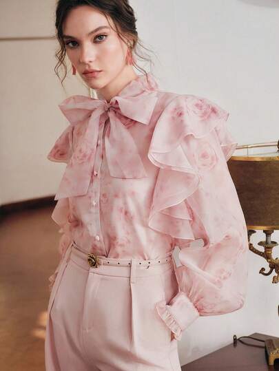 Anewsta New Women's Long Sleeve Pink Rose Ruched Elegant Exquisite Luxurious Bow Blouse Shirt, Spring/Summer Top