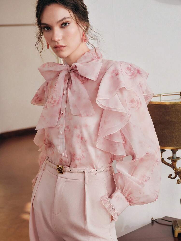 New Women's Long Sleeve Pink Rose Ruched Elegant Exquisite Luxurious Bow Blouse Shirt, Spring/Summer Top French Style Clothes Ruffle Shirt Bow Shirts Pink Blouses