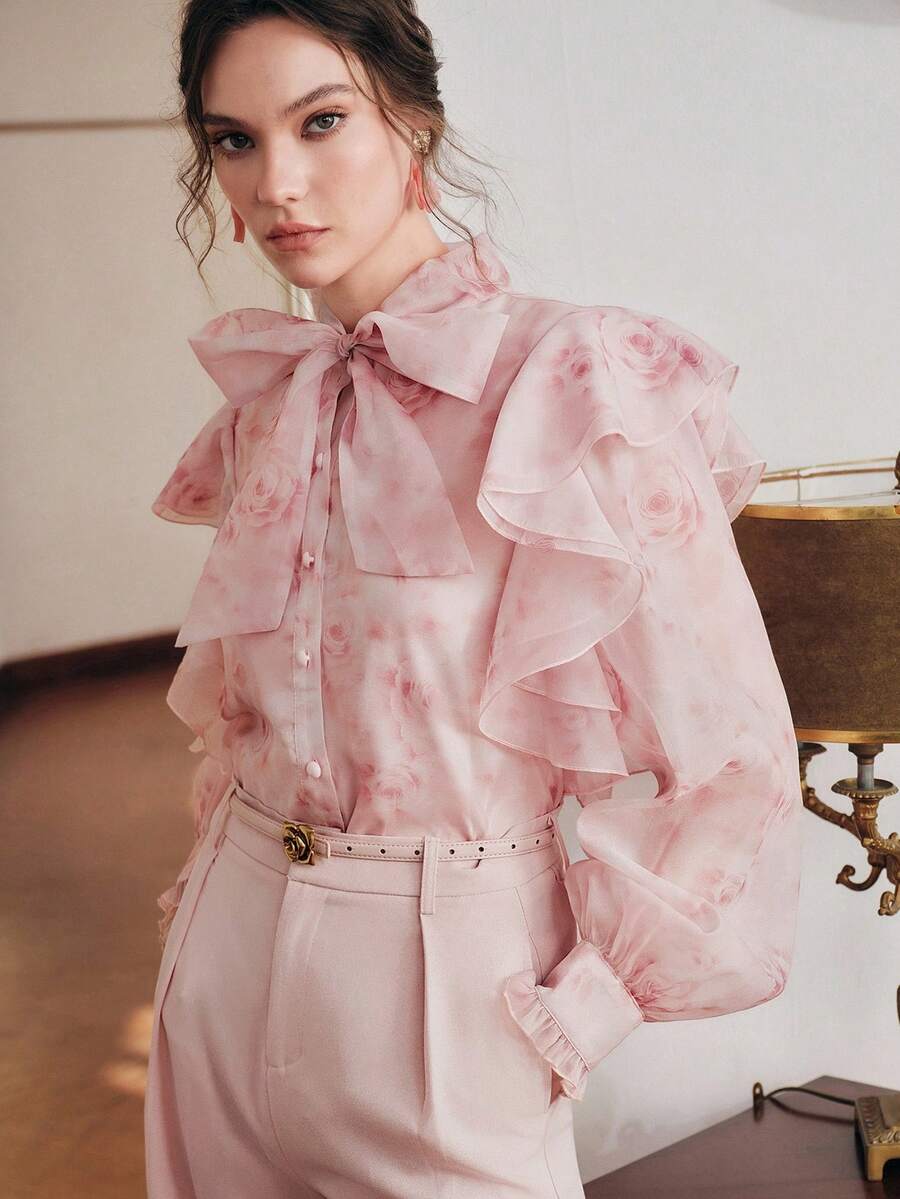 Anewsta New Women's Long Sleeve Pink Rose Ruched Elegant Exquisite Luxurious Bow Blouse Shirt, Spring/Summer Top - Pink - View 1