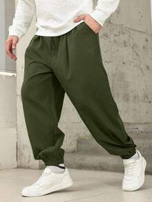Manfinity Homme Plus Size Men's Solid Color Drawstring Waist Casual Jogger Pants Men Oversized Pants Men's Baggy Sweatpants - Army Green - View 4