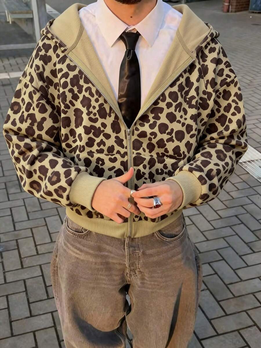 Manfinity Dauomo 男士豹纹拉链连帽卫衣，秋季款