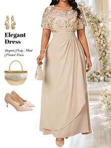 Fleurora Đầm dài đính sequin thêu tinh tế dành cho nữ cỡ lớn, thích hợp cho các buổi tiệc và liên hoan. - Màu Khaki - Xem 4