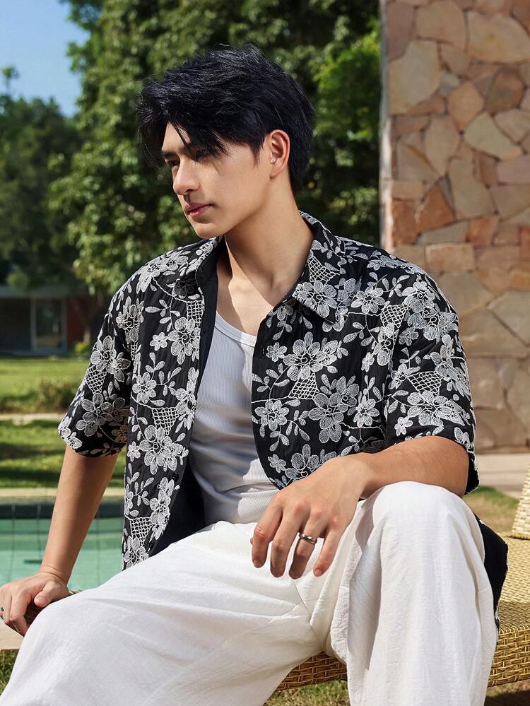 Summer Embroidered Floral Fabric Black Lining Design Vacation Casual Short Sleeve Shirt For Men
