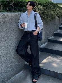 DAZY 男士休闲百搭通勤蓝色衬衫，春季 - 藍色 - 查看 4