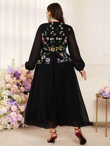 Modelyn 优雅3D立体花卉网纱雪纺拼接圆领长袖收腰A字连衣裙，大码款式，春秋季 - 彩色 - 查看 2