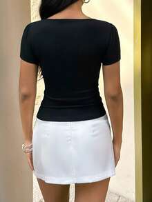 FavEase Women's Summer T-Shirt: Casual Party Big Round Neck Polka Dot Fake Two-Piece Bow Tie Top - Black - View 2