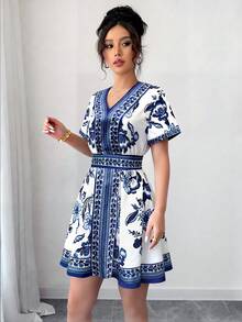 Franclia Women's Elegant Fashionable Romantic Bohemian Vacation Casual Short Sleeve Printed Dress - Blue - View 4